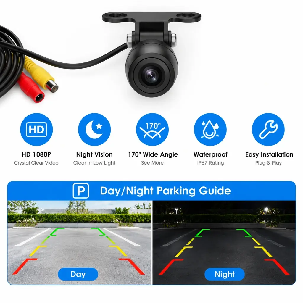 دوربین دنده عقب خودرو HD ضد آب مدل AUTO WATER-PROOF CAMERA 1 لنز دوربین دنده عقب خودرو HD ضد آب با زاویه دید گسترده و پایه فلزی